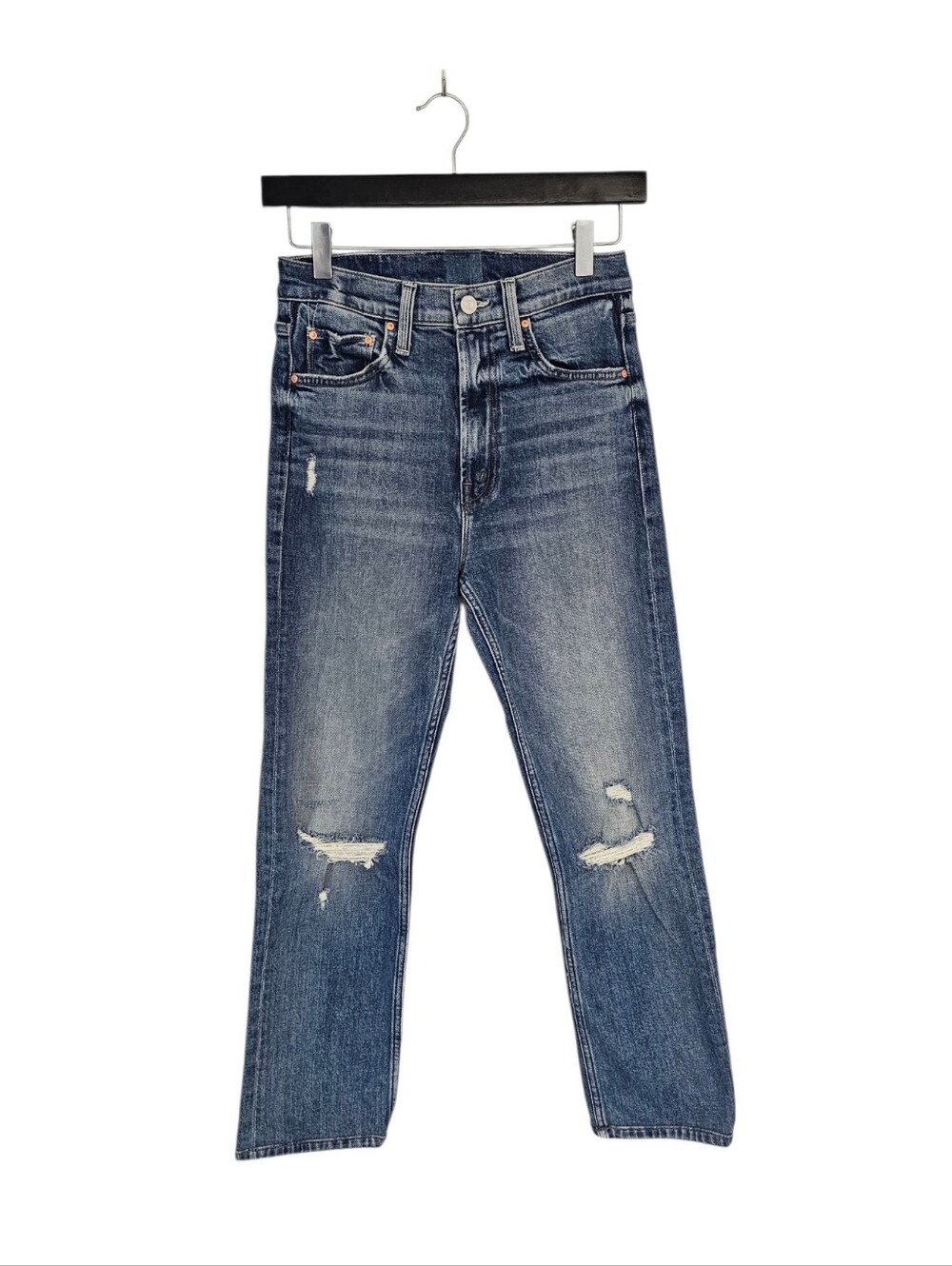 MOTHER High Waisted Rider Ankle Distressed Straight Leg Blue Jeans 24 Preowned